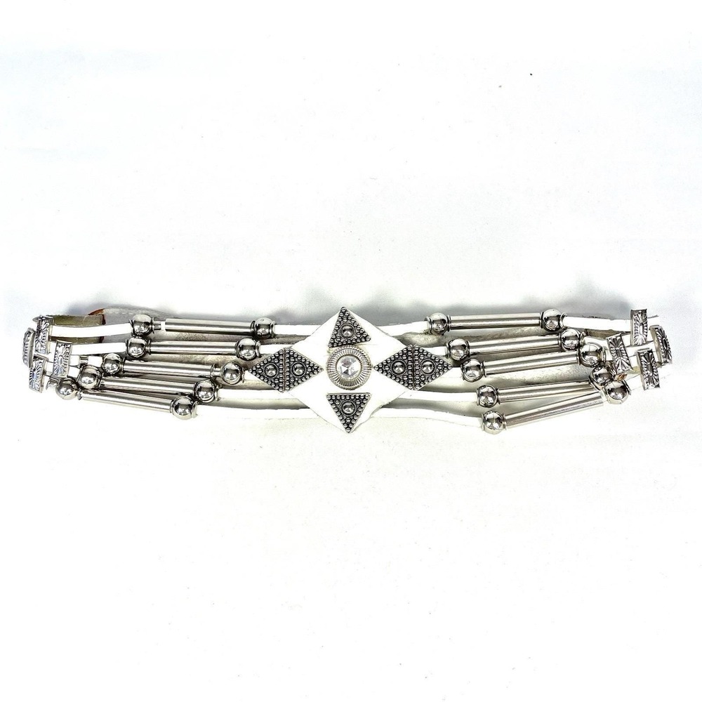 Vintage 80s White Leather Silver Tone Multi Strand Concho Belt 30 in - Picture 6 of 10